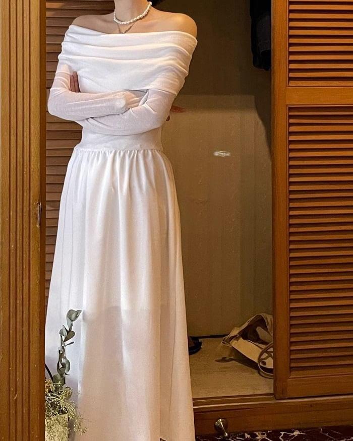 Long Sleeve Off Shoulder Plain Gathered Maxi A-Line Dress Product Image