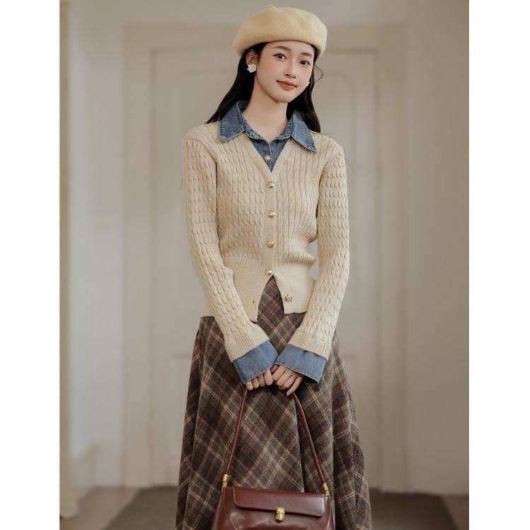 Set: Mock Two-Piece Long-Sleeve Collar Denim Panel Button Knit Top + High Waist Plaid Midi A-Line Skirt Product Image