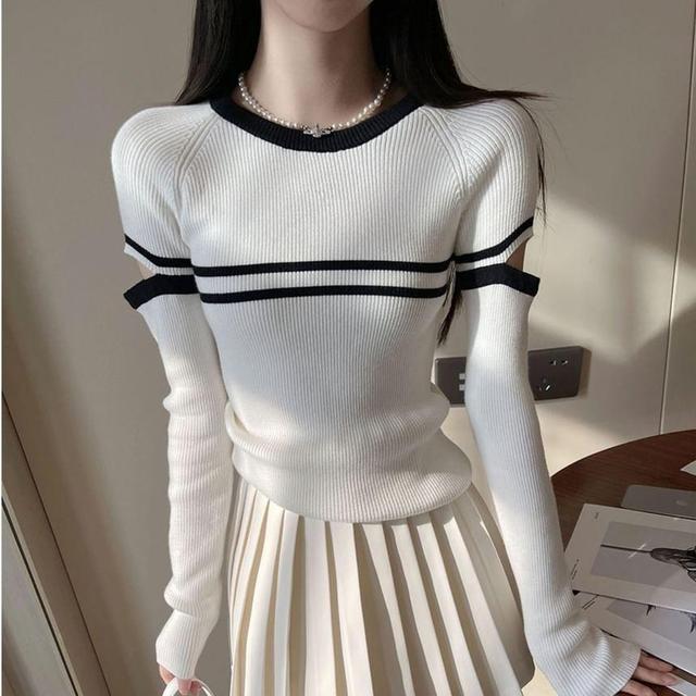 Round Neck Striped Cutout Ribbed Sweater Product Image