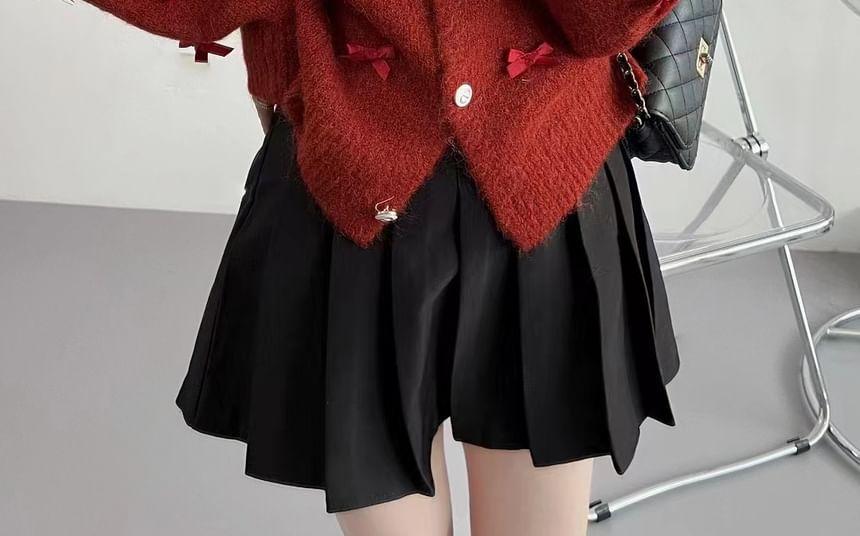 Round Neck Plain Fluffy Bowknot Button Up Cardigan Product Image