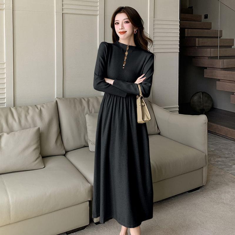 Long-Sleeve Mock Neck Cutout Plain Midi A-Line Dress Product Image