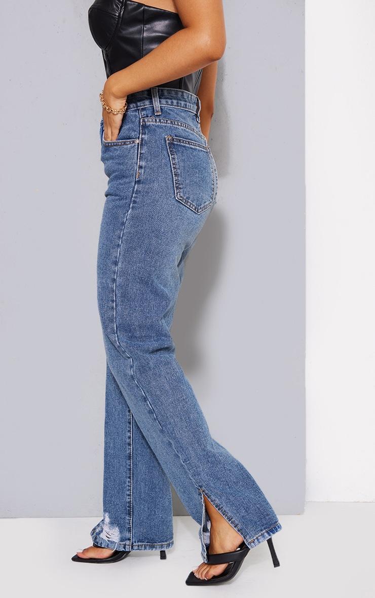 Petite Mid Blue Wash Ripped Split Hem Straight Leg Jeans Product Image