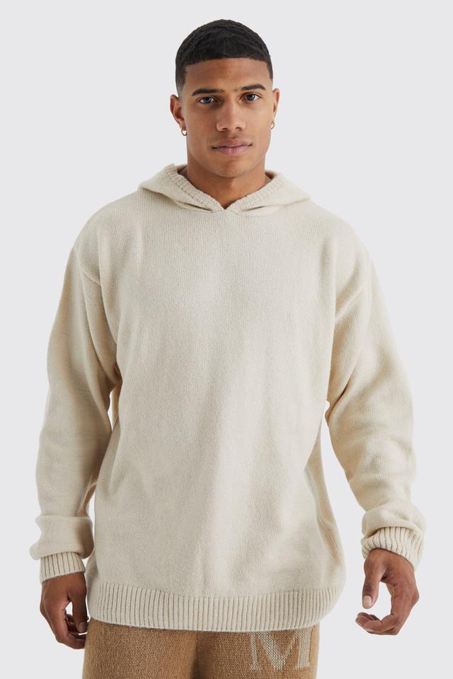 Mens Beige Oversized Brushed Knitted Hoodie, Beige Product Image