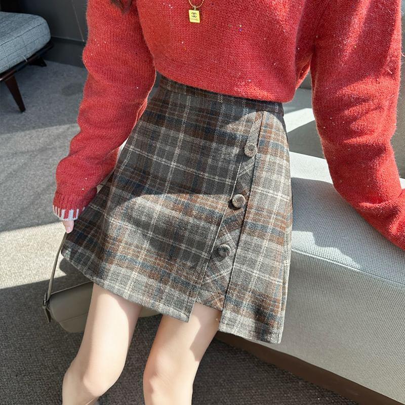 High Waist Plaid Asymmetrical Panel Mini A-Line Skirt Product Image