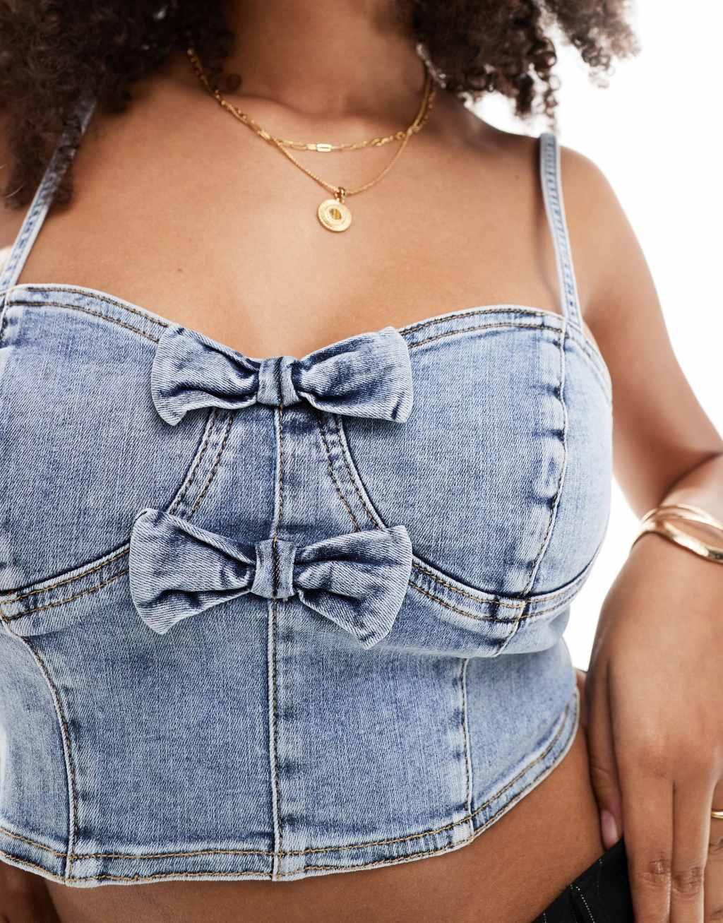 Miss Selfridge denim bow cami top in bleach wash Product Image