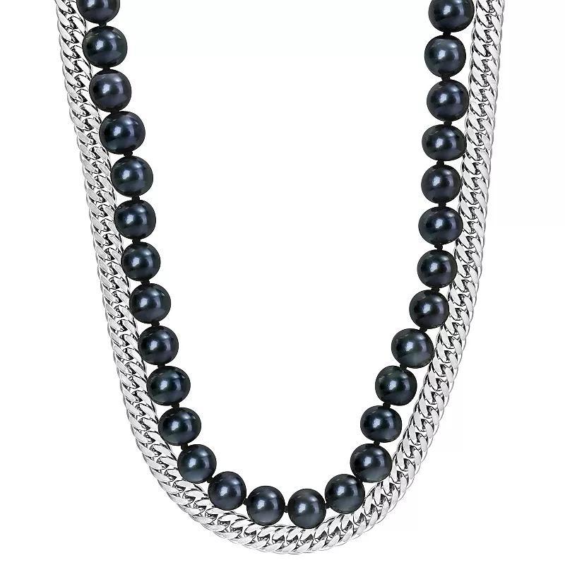 Stella Grace Mens Black Freshwater Cultured Pearl & Silver Ruthenium Curb Link Chain 2-Strand Necklace Sterling Silver Product Image