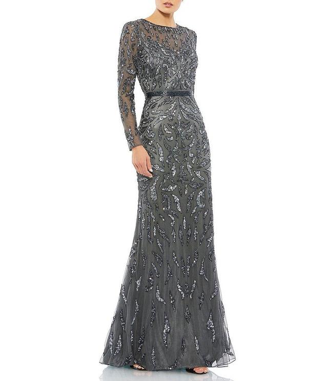 Mac Duggal Long Sleeve Sequin Crew Neck Fully Lined Sheath Gown Product Image