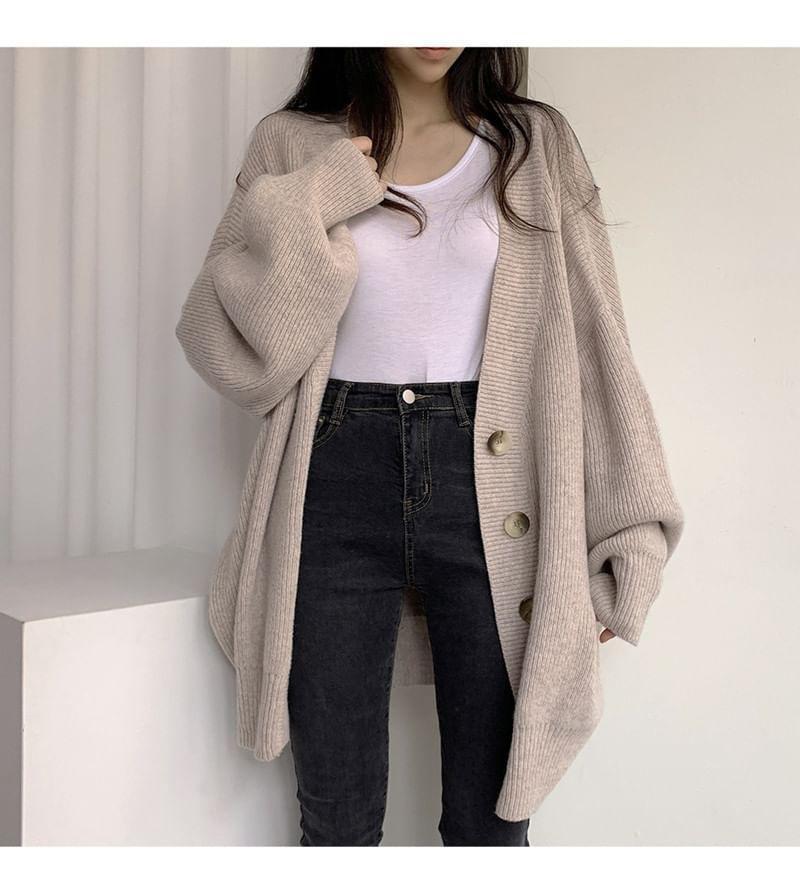 Balloon Sleeve V-Neck Plain Cardigan Product Image