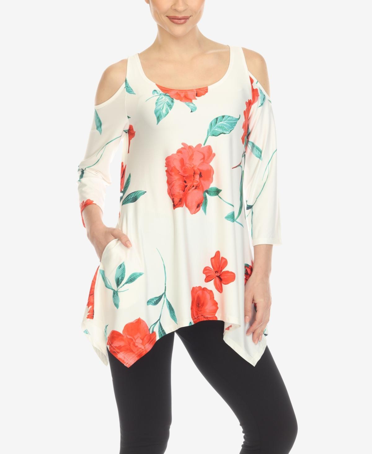 White Mark Womens Floral Printed Cold Shoulder Tunic Top - Black Product Image