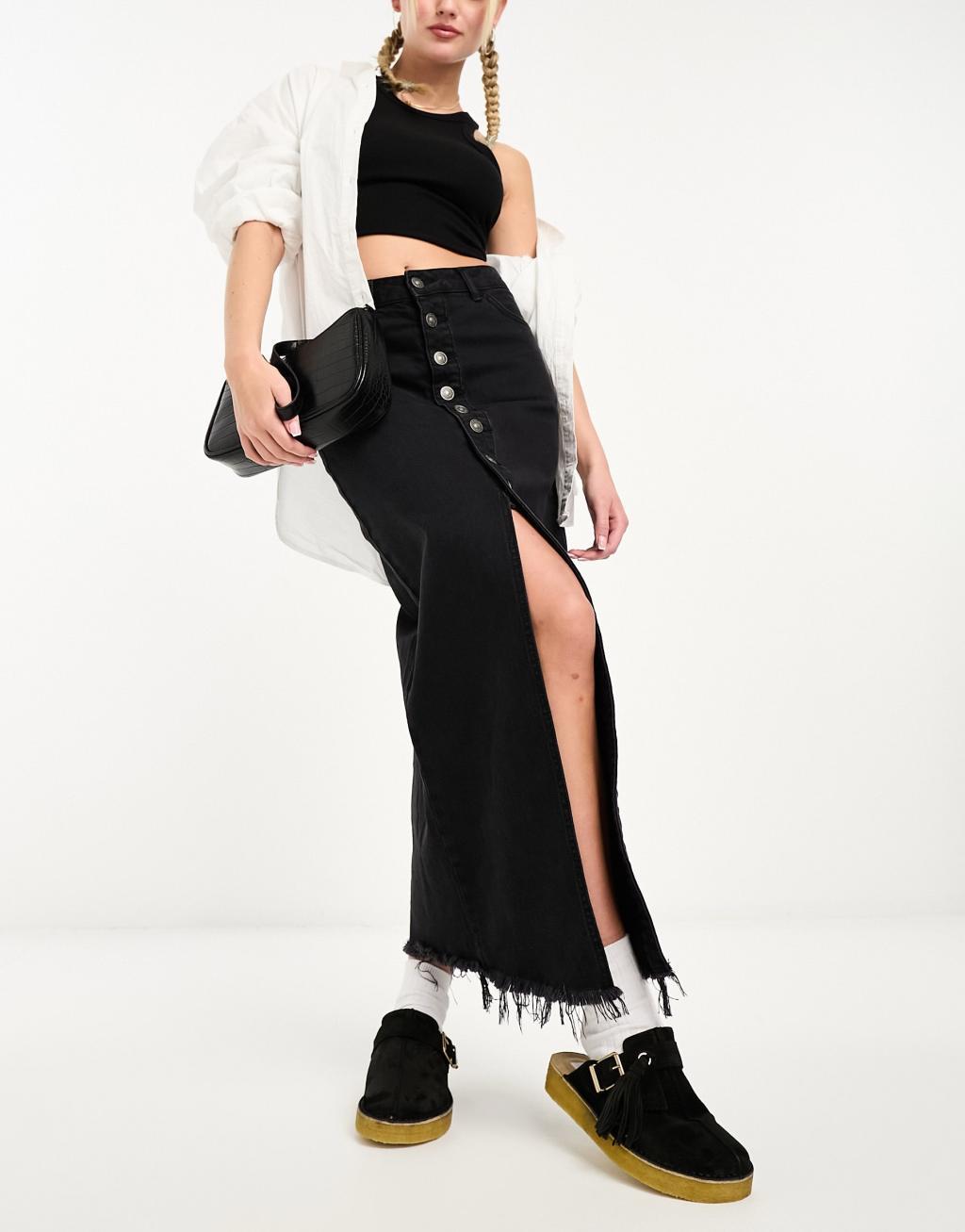 Stradivarius button through denim midi skirt Product Image