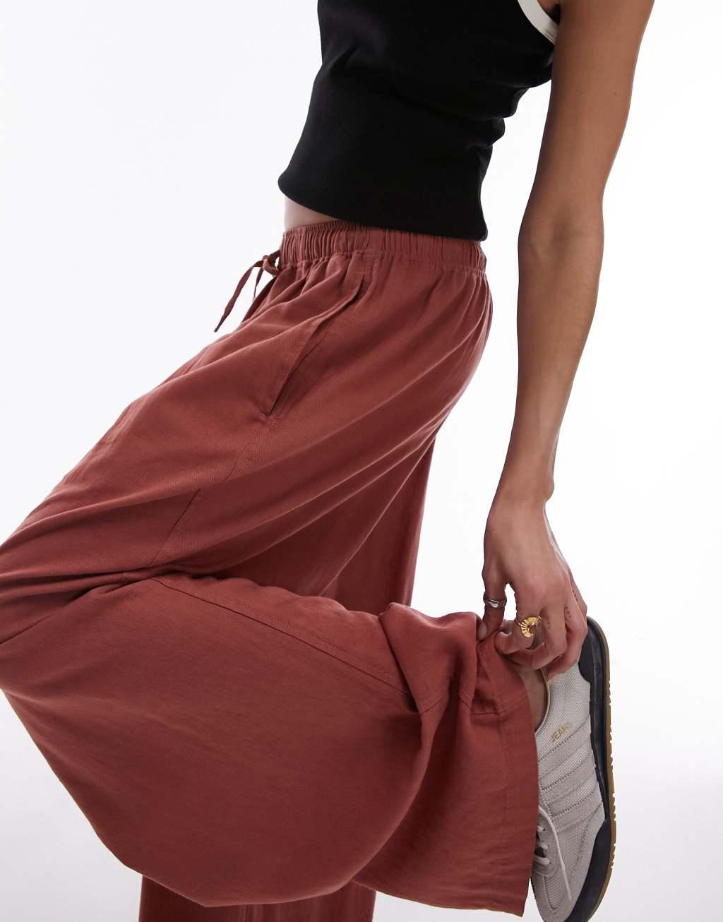 Topshop linen wide leg pants in burnt brick Product Image