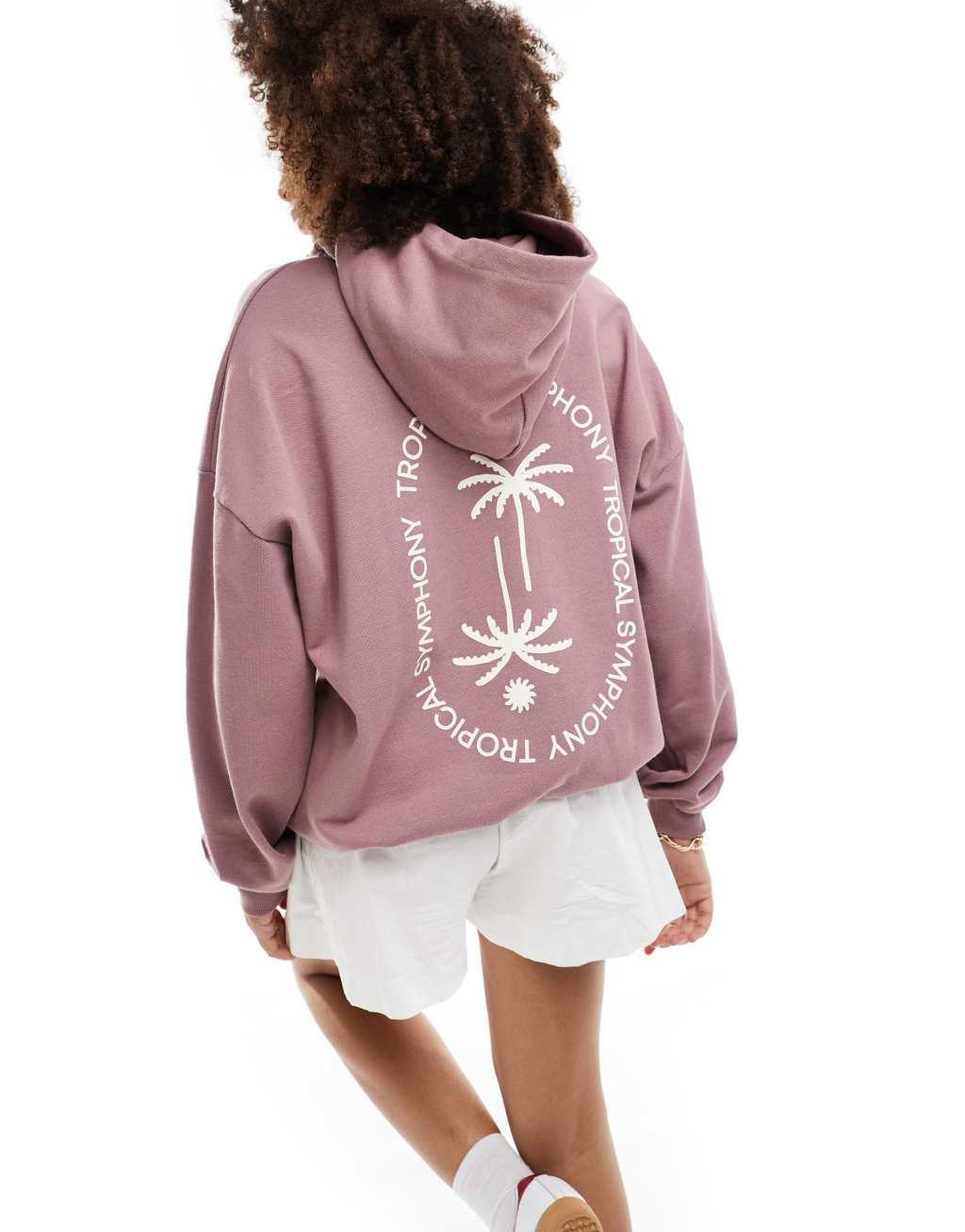 Pull&Bear tropical back print graphic oversized hoodie in deep pink product image