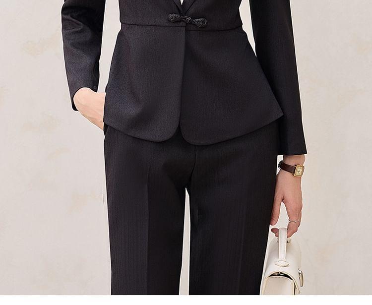 Shawl Lapel Plain Frog Closure Blazer / High Waist Flared Dress Pants / Set Product Image