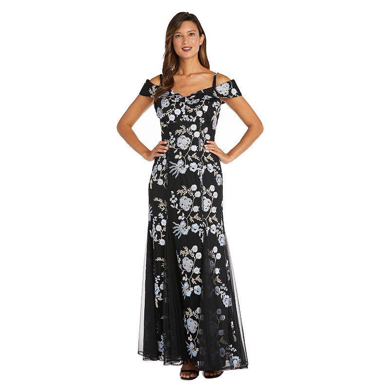 R  M Richards Embroidered Floral Metallic Tulle Off-The-Shoulder Cap Sleeve Godet Trumpet Gown Product Image