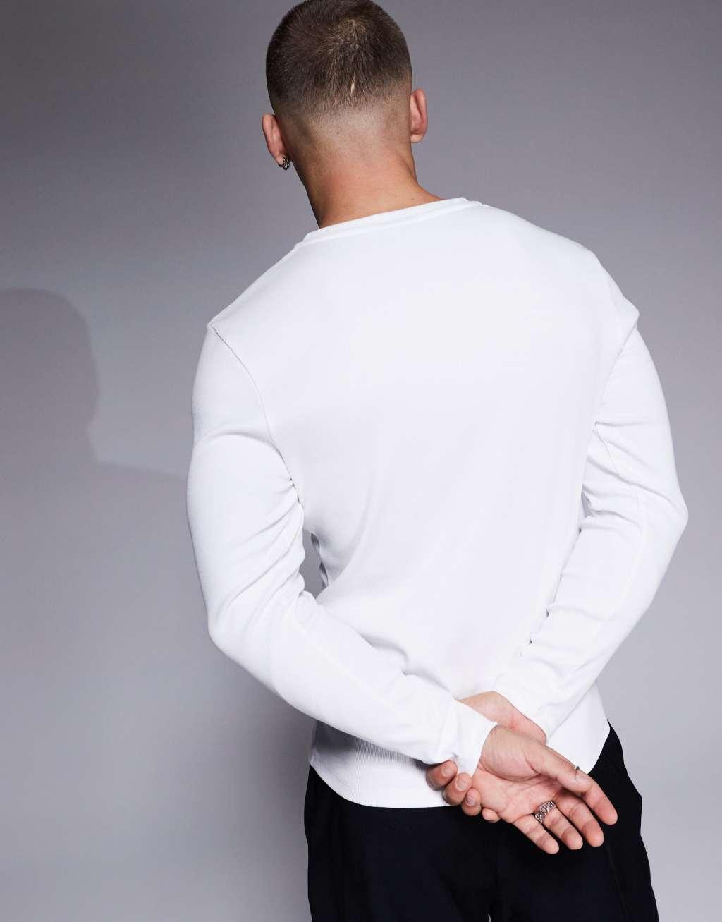 ASOS DESIGN muscle fit long sleeve rib t-shirt with notch neck in white Product Image