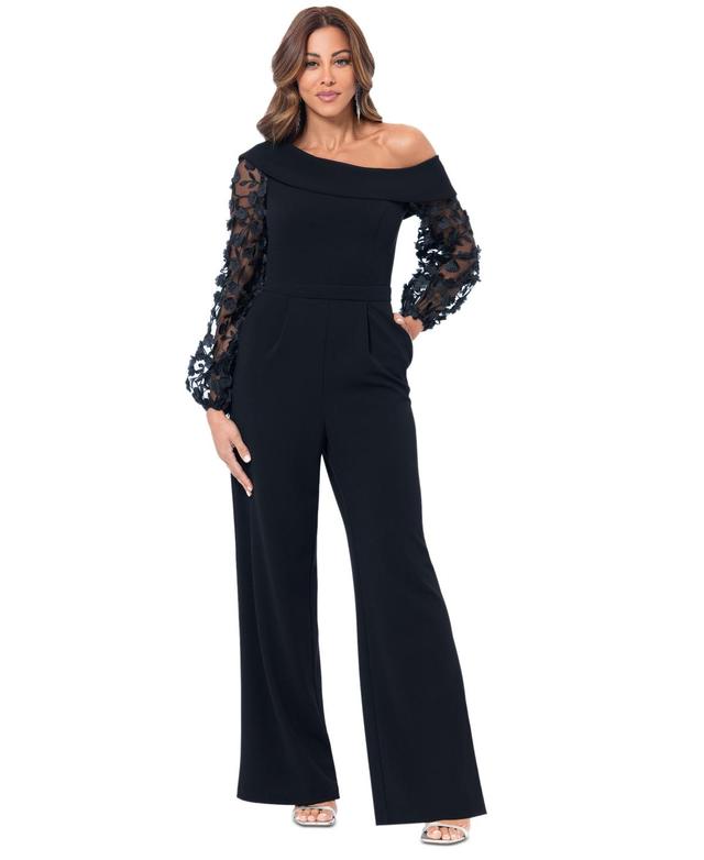 Xscape Womens 3D Floral-Sleeve Wide-Leg Jumpsuit Product Image