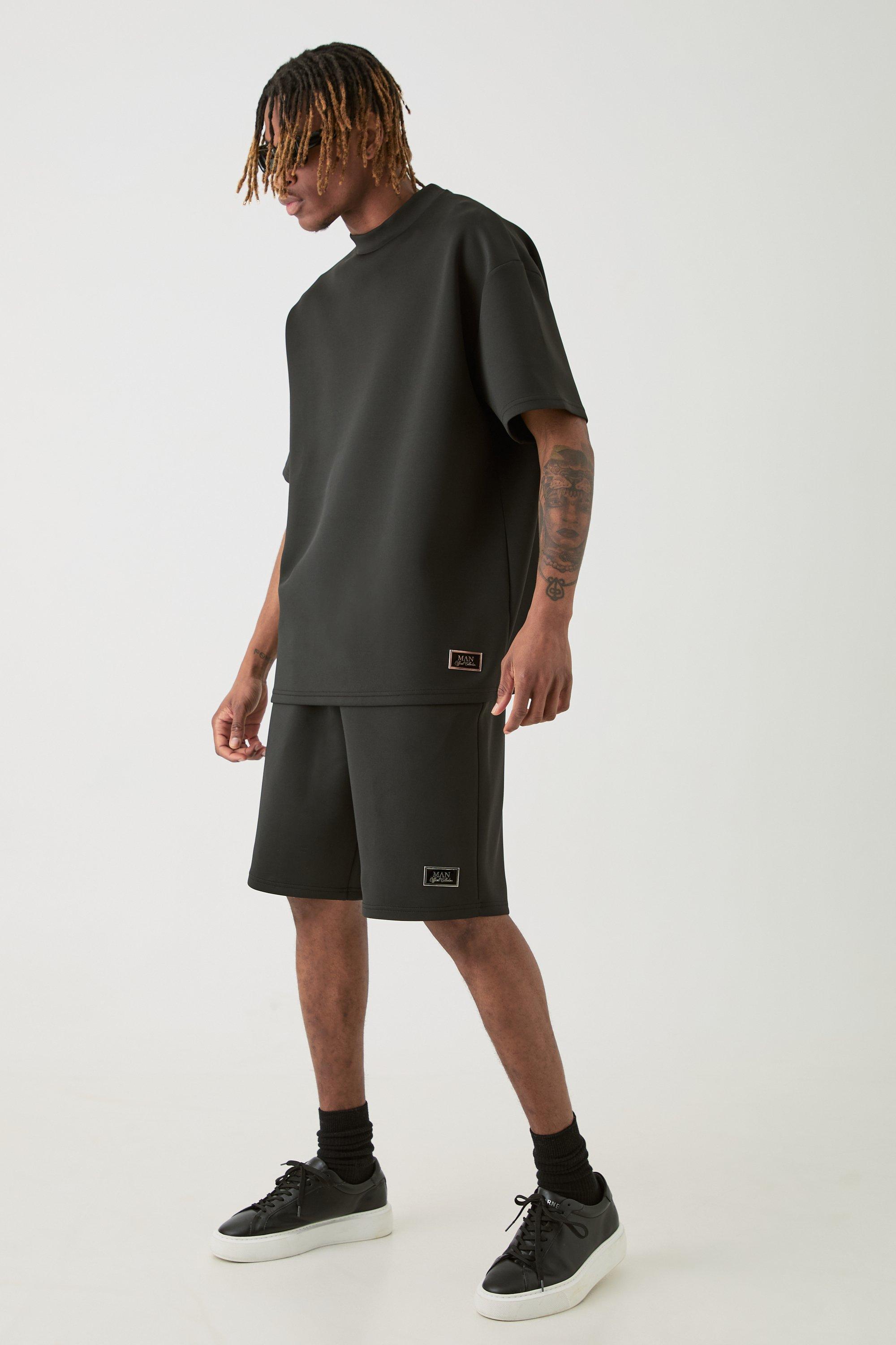 Mens Black Tall Oversized Scuba T-shirt & Relaxed Short Set, Black Product Image