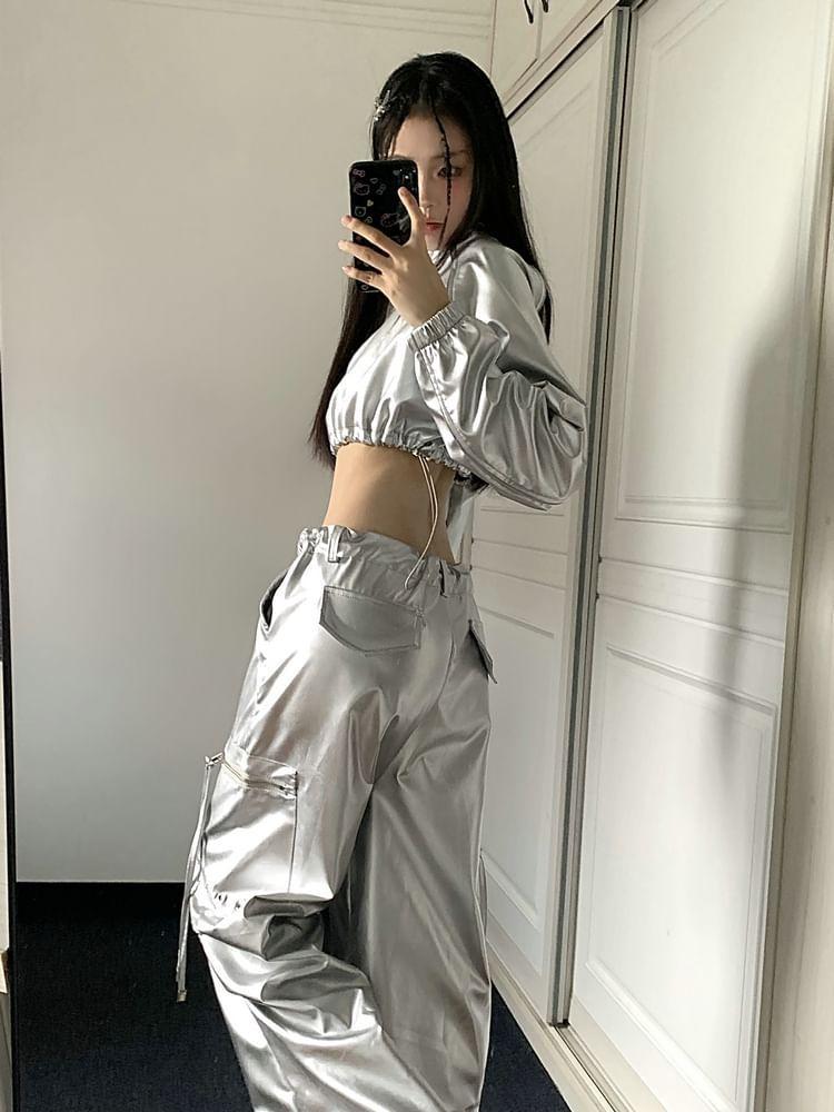 Long-Sleeve Mock Neck Drawstring Hem Half-Zip Cropped Sweatshirt / High Waist Wide Leg Pants / Set Product Image