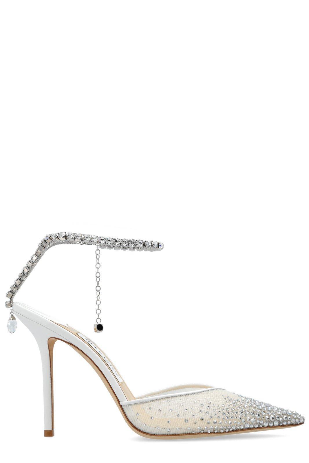 JIMMY CHOO Saeda Crystal Ankle Strap Pointed Toe Pump In White Product Image