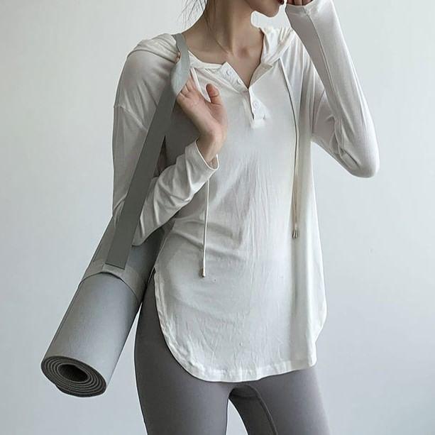 Long-Sleeve Half Buttoned Hooded Plain Sports Top Product Image