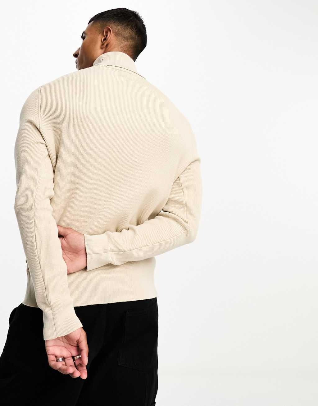 Only & Sons roll neck ribbed sweater in beige Product Image