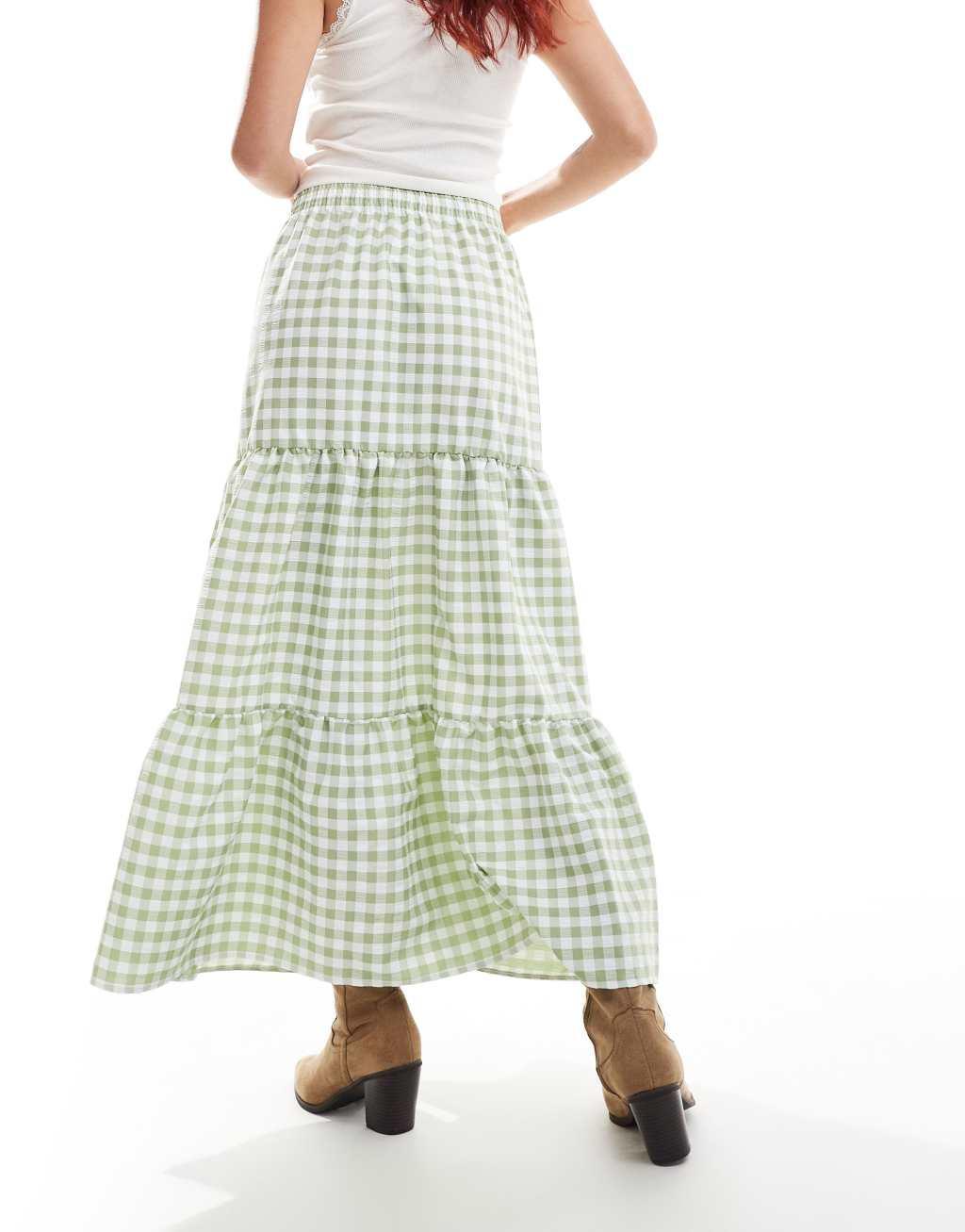 Miss Selfridge tiered maxi gingham skirt in sage Product Image