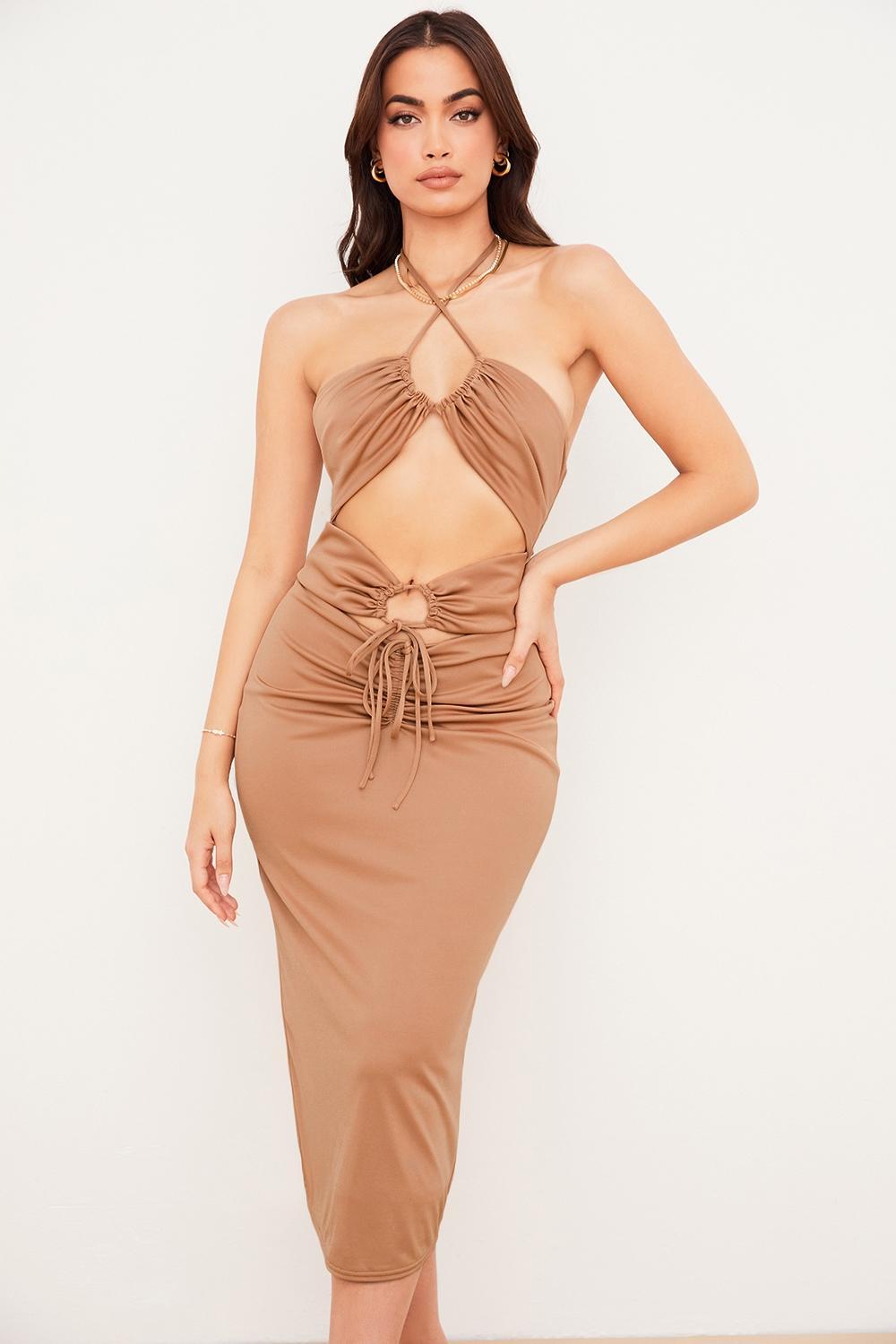 Kasia Caramel Cutout Midi Dress Product Image