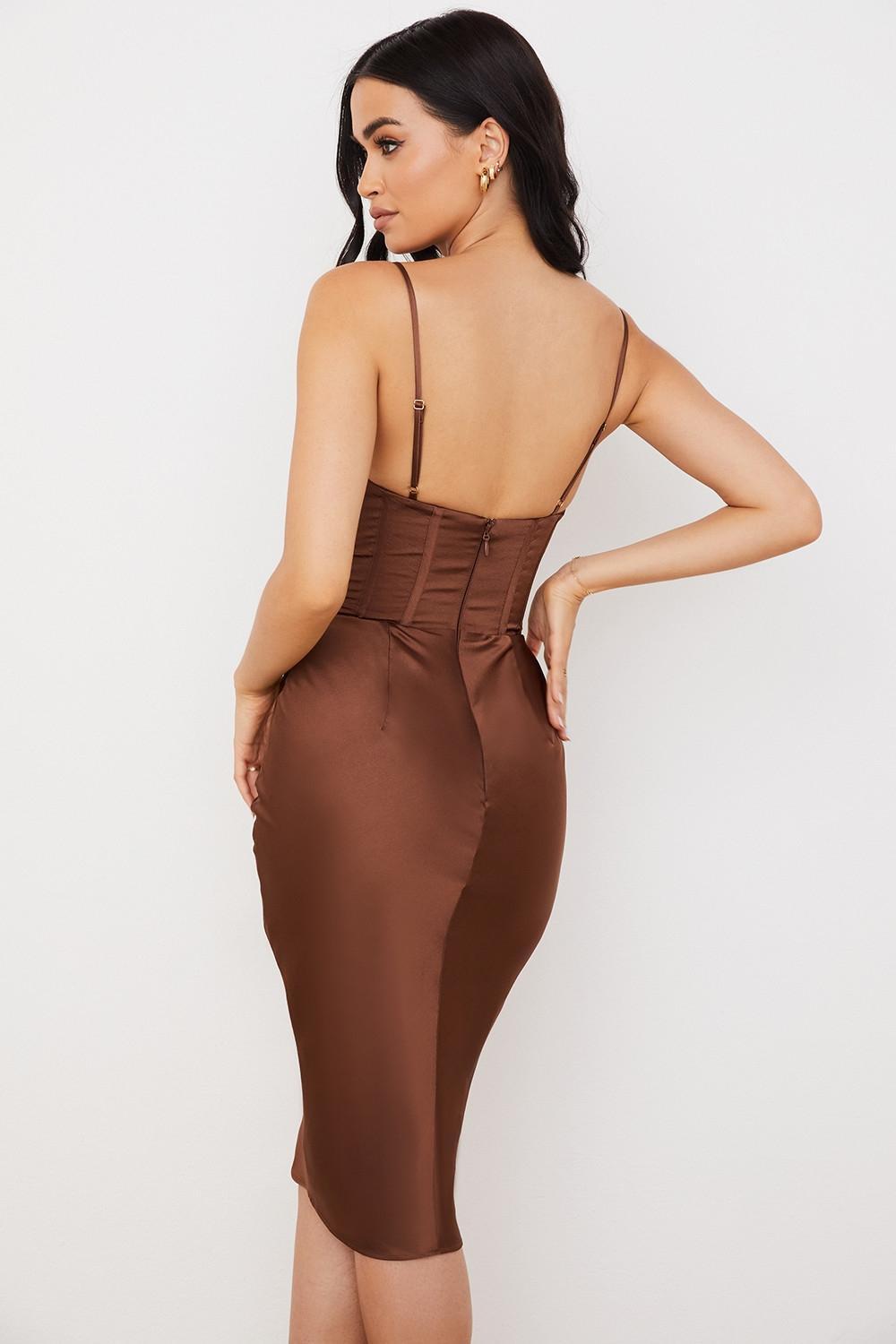 Myrna Chocolate Satin Corset Slip Dress Product Image