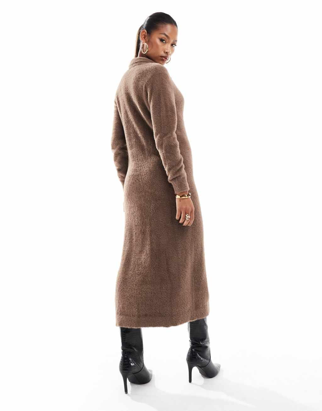 Aria Cove fluffy collar detail knitted maxi cardigan dress in mid brown Product Image