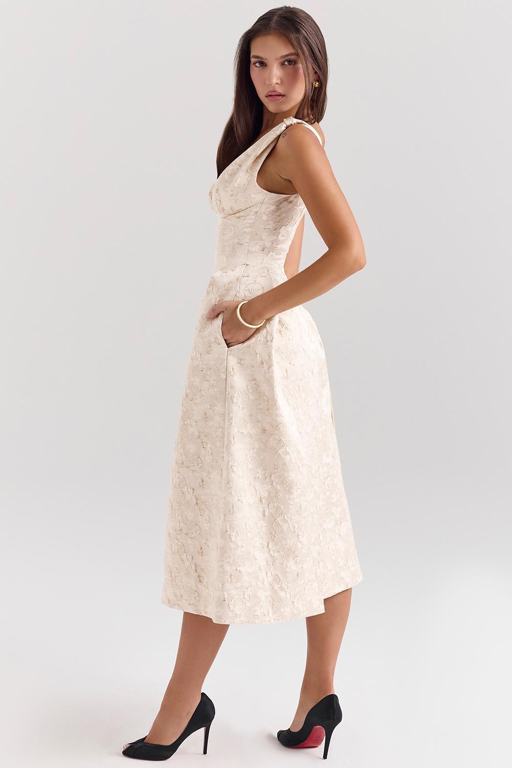 Paloma Ivory Metallic Jacquard Midi Dress Product Image