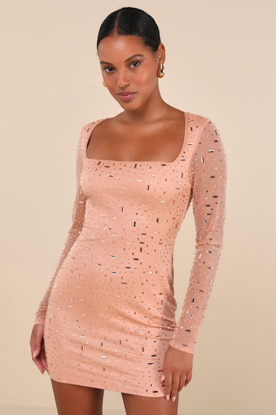 Luxe Statement Tan Rhinestone Mesh Long Sleeve Mini Dress Product Image