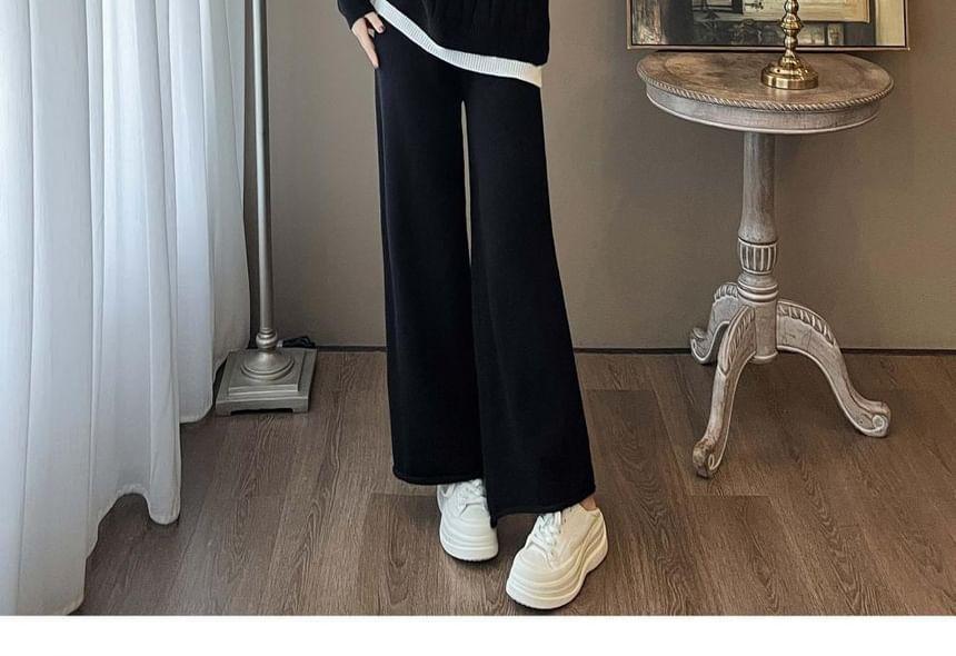 Set: Collared Mock Two-Piece Two Tone Cable Knit Half-Zip Sweater + High Waist Plain Wide Leg Pants Product Image