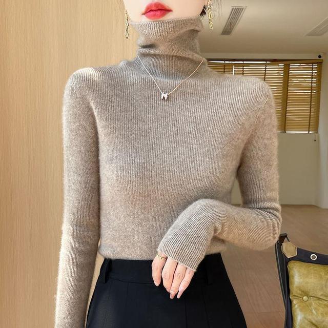 Turtleneck Plain Ribbed Knitted Sweater Product Image