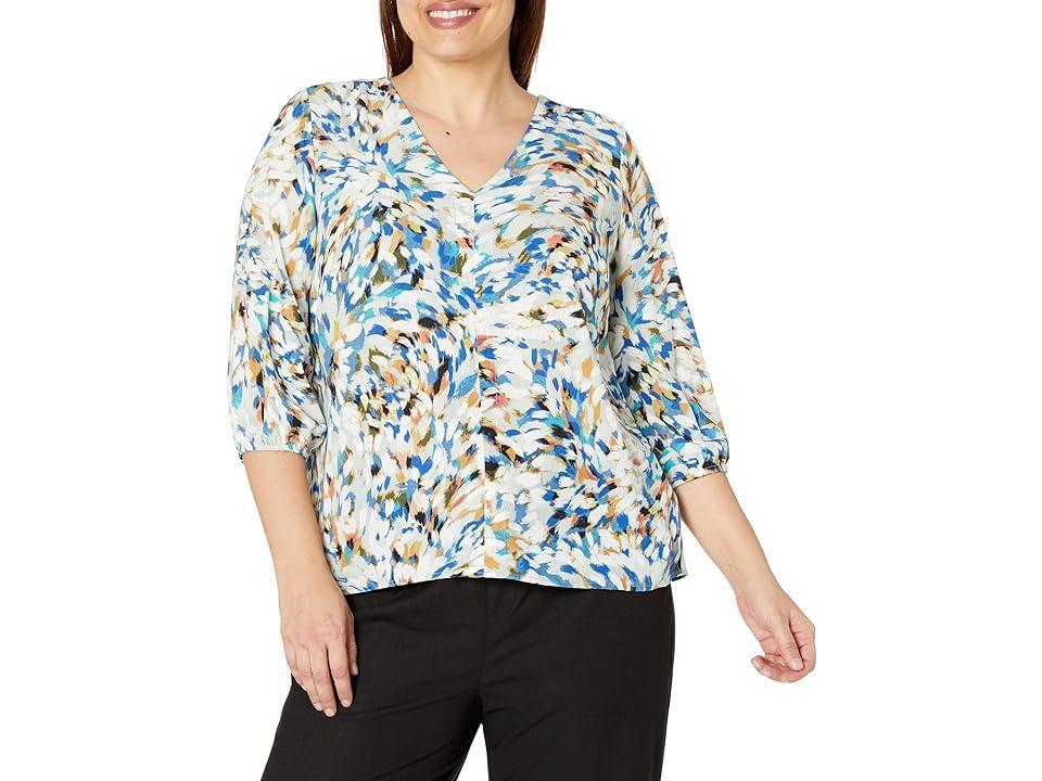 Liverpool Los Angeles Plus Size 3/4 Sleeve Double V-Neck Top (Brushstroke Starburst Print) Women's Clothing Product Image