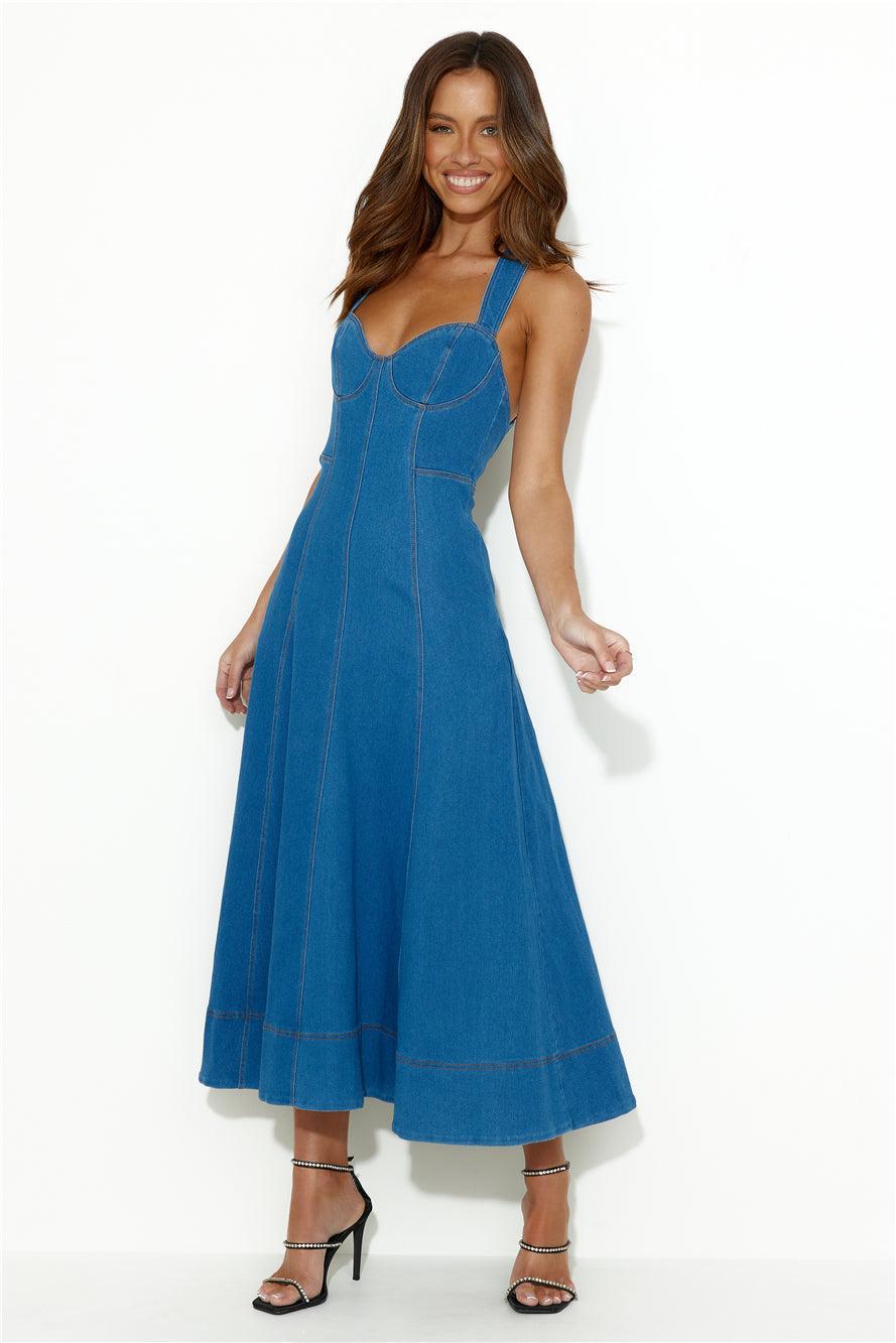 One Step Ahead Midi Dress Denim Product Image