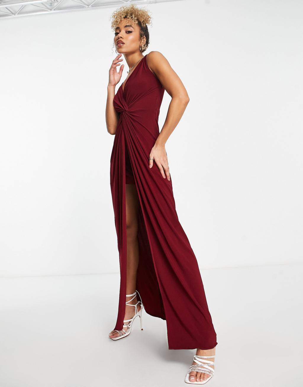 Trendyol twist front maxi dress in burgundy Product Image