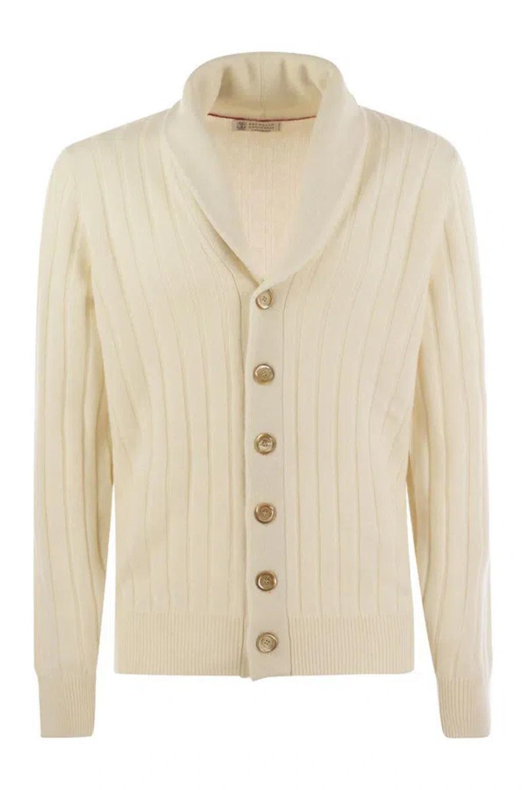 BRUNELLO CUCINELLI Ribbed Cashmere Cardigan In Ecru Product Image