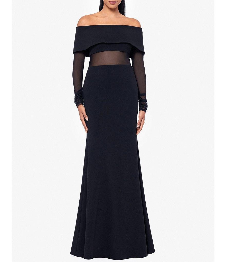 Betsy & Adam Scuba Crepe Off The Shoulder Neck Mesh Long Sleeve Gown Product Image