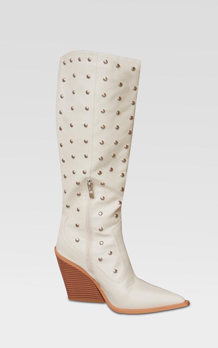 Cream PU Point Toe Silver Stud Knee High Block Heel Western Boots product image