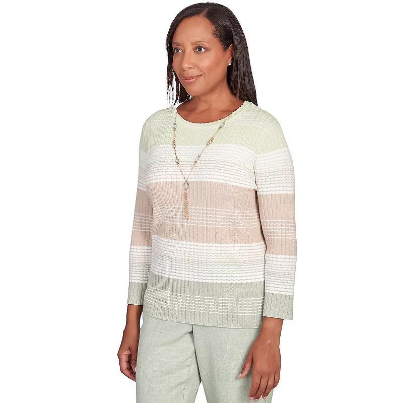 Petite Alfred Dunner Striped Ribbed Crewneck Sweater with Necklace, Womens Product Image