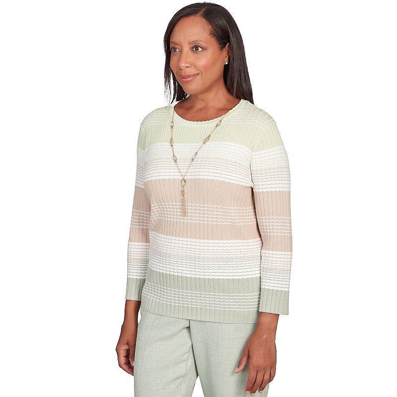 Womens Alfred Dunner Ribbed Striped Crewneck Sweater with Necklace Product Image