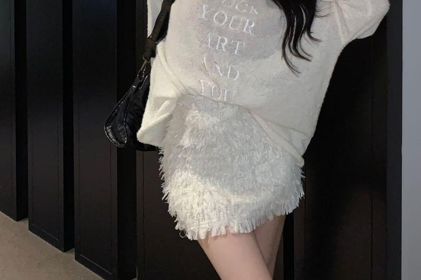 Long-Sleeve Crew Neck Lettering Embroidered Sheer Top Product Image