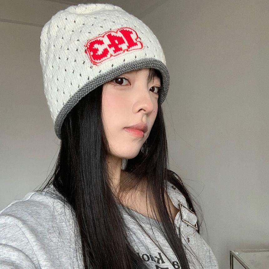 Number Print Contrast Trim Perforated Knit Beanie Product Image