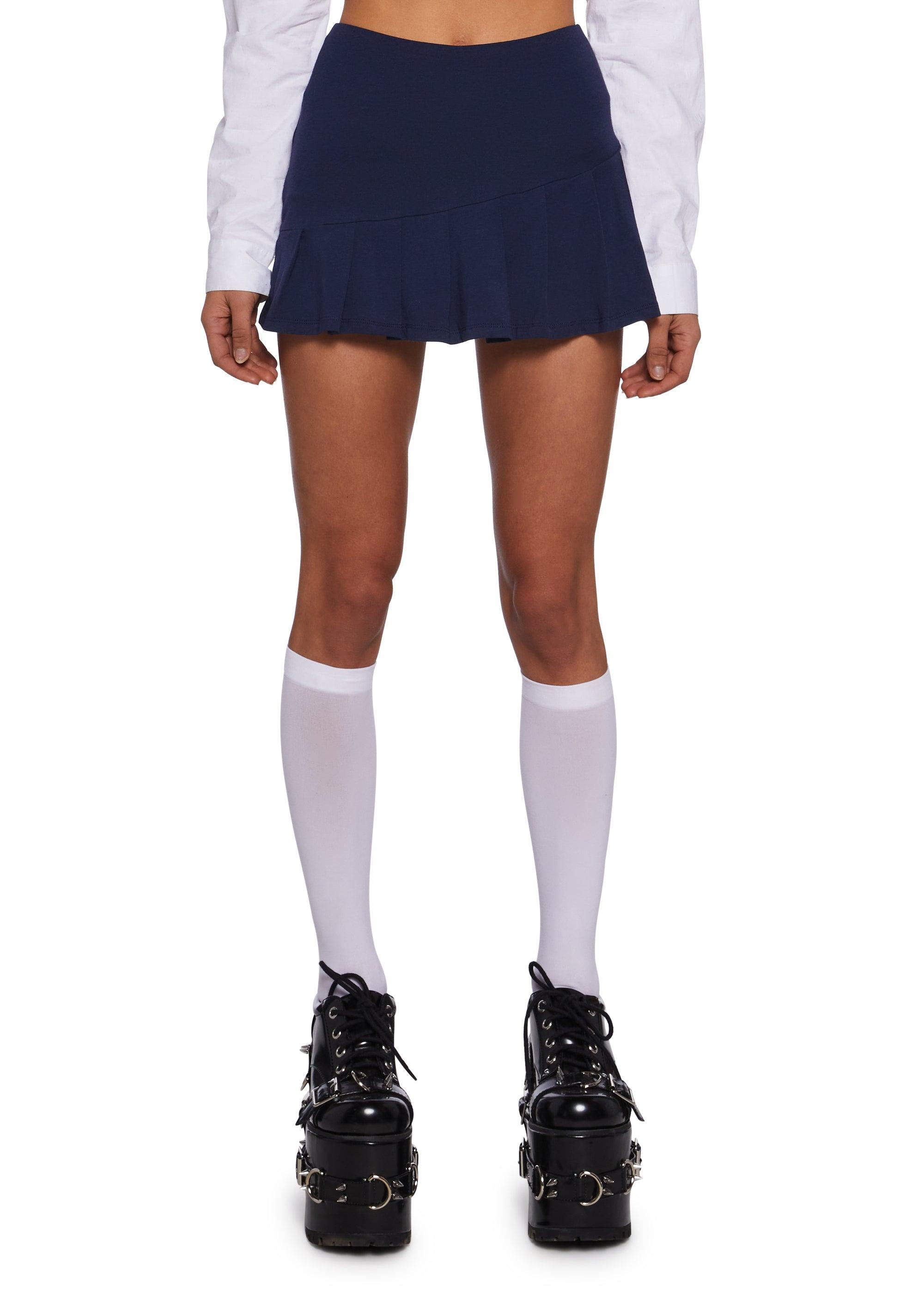 Stretchy Knit Pleated Mini Skort - Dark Blue Product Image