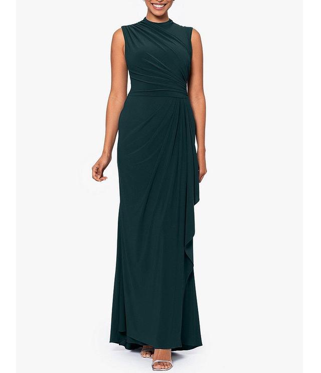 Betsy & Adam Ruched Mock Neck Sleeveless Gathered Pleat Gown Product Image