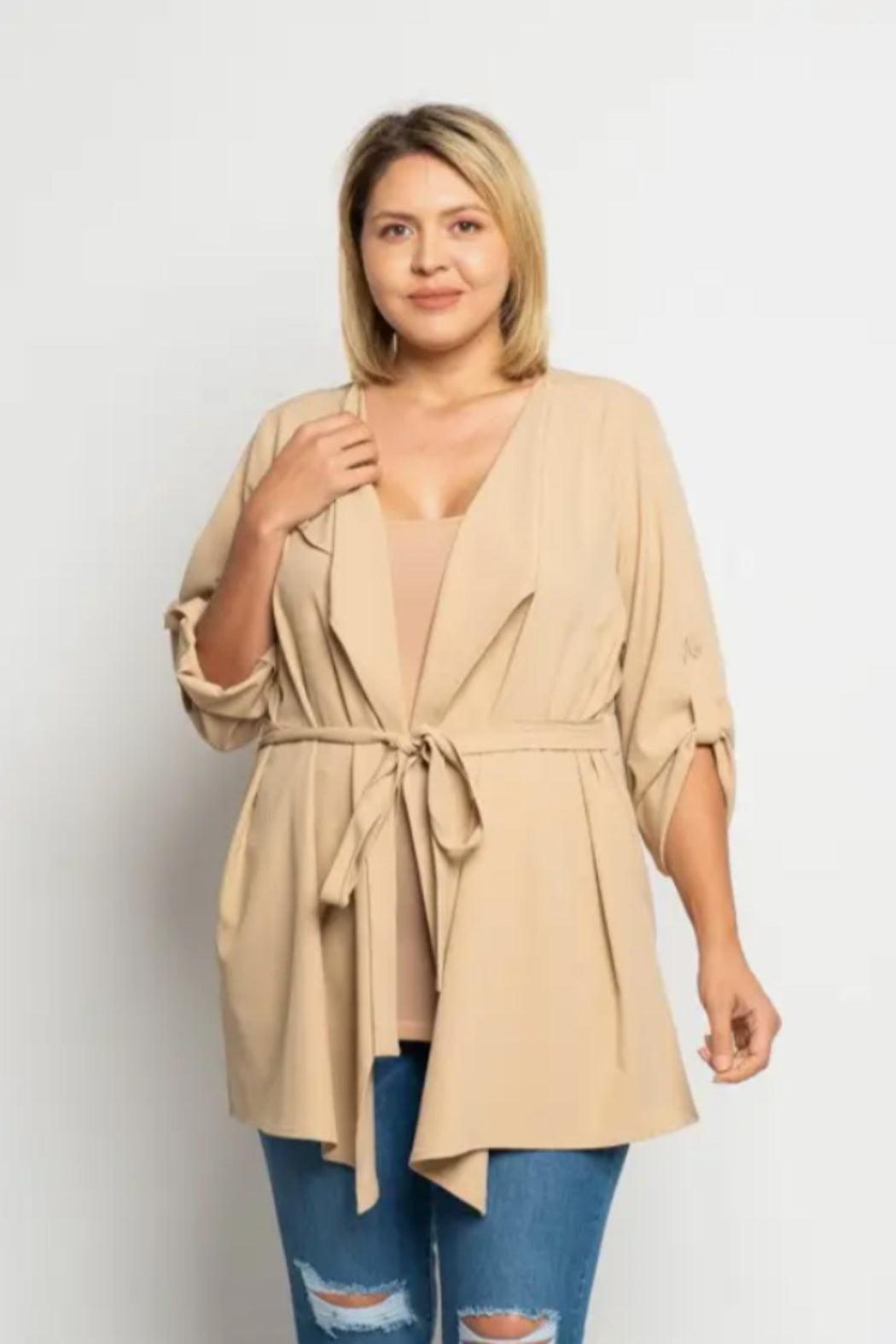 Plus Size Drape Front Jacket With Belt Product Image