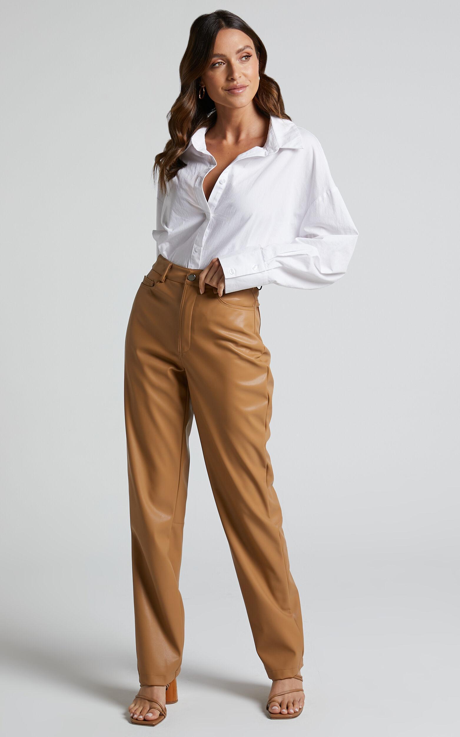 Dilyenne Pant - Mid Waist Straight Leg Faux Leather Pant in Beige product image