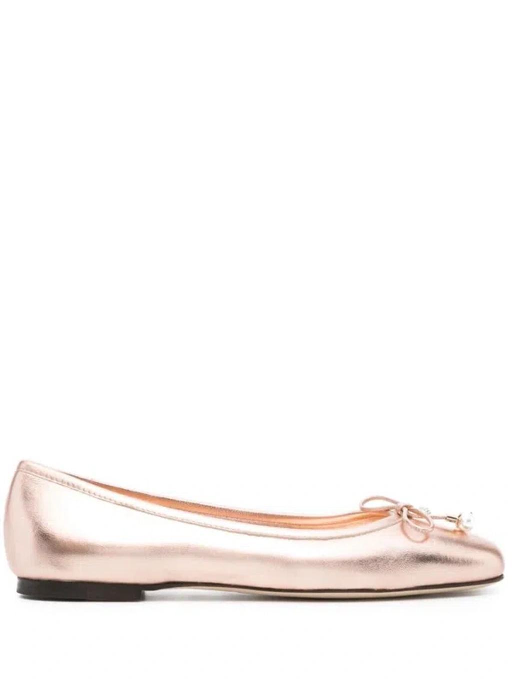 Powder Pink Metallic Leather Ballet Flats With Bow Detailing And Square Toe product image