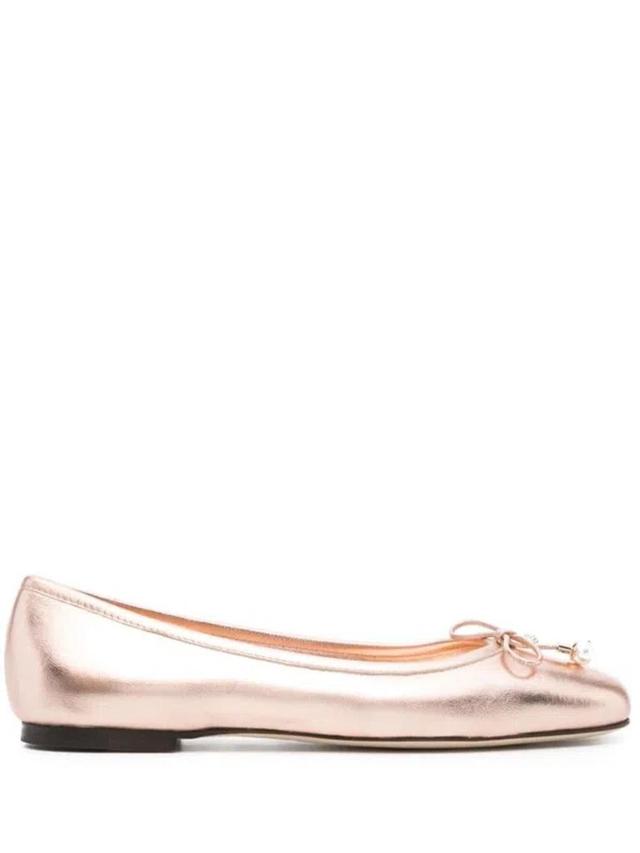 Powder Pink Metallic Leather Ballet Flats With Bow Detailing And Square Toe Product Image