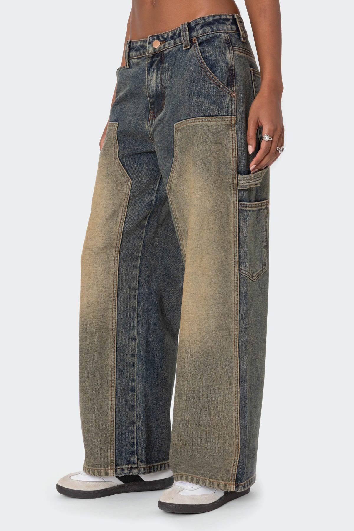 Contrast Panel Low Rise Washed Jeans Product Image